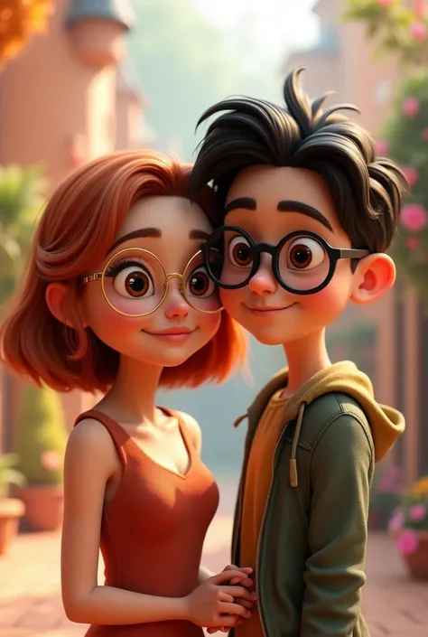 a couple, the white-skinned girl with honey-colored eyes, short hair reddish brown mane, gold frame glasses and the boy white skin, dark brown eyes, black frame glasses black semi wavy hair, Disney 3D animation 
