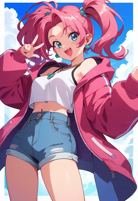 One Girl　Provocative smile　,Jacket,High Leg,Open your mouth　　whole body　　Exposed shoulders　Exposed Skin　Denim hot pants　Twin tails　Figure pose　sexy　Brat