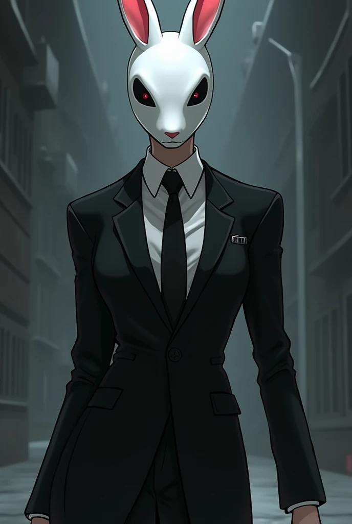 An anime character with a black suit and a white rabbit mask