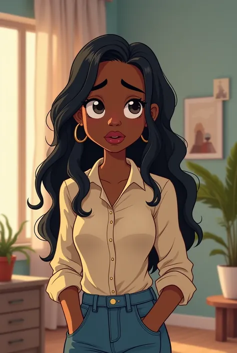 Frustrated female architecture student with dark skin and straight wavy hair because she doesn&#39;t know what to wear for her consultation tomorrow, cartoon, Don&#39;t make her look like a Disney girl