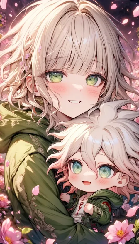 Ultra detailed, highres, absurdres, HDR, master piece, Aida chibi, ash blonde hair with bangs, medium length hair, expressive light green eyes, Danganronpa, white cardigan with black patterns, Komaeda Nagito chibi, white hair, expressive gray-green eyes, g...