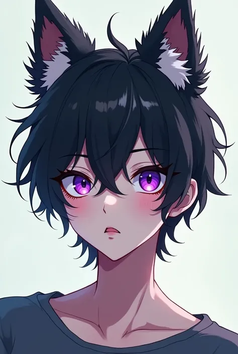 Human male with very short wavy black hair, purple eyes, fair skin, anime style and poodle dog ears