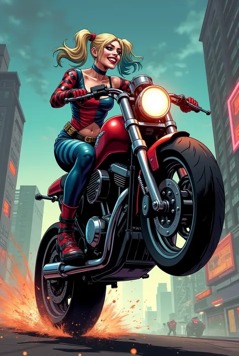 Harley Quinn doing a wheelie on a motorcycle 