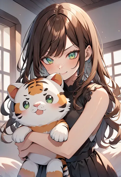 Woman with soft features, shoulder length wavy brown hair, side bangs, clear green eyes, freckles on cheeks and nose, soft smiling, hugging a cute tiger plush with angry face