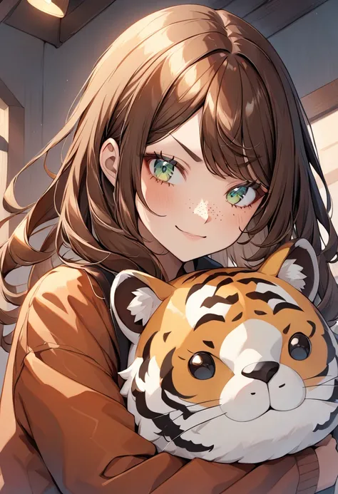 Woman with soft features, shoulder length wavy brown hair, side bangs, clear green eyes, freckles on cheeks and nose, soft smiling, hugging a cute tiger plush with angry face