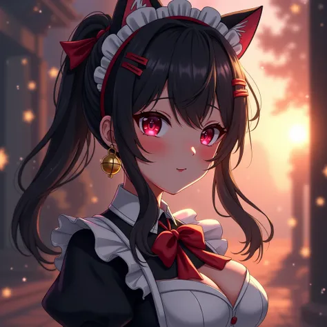 1 girl, blushing, smile, open mouth, red eyes, big breasts, earring, cat ears, long hair, One-sided hair bun, black hair, Close-up photography, hair ribbon, Hair clips, Hood, bell, Maid headband, earphones, เอาHoodลง, Twinkling light, Blurry, Fair Light, S...