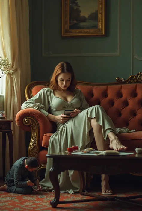 In a world where humans dominate and enslave tiny humans, a bossy and strict woman is scrolling on her phone lying on the couch while a tiny adult man is sitting on the coffee table at her feet, painting her toenails