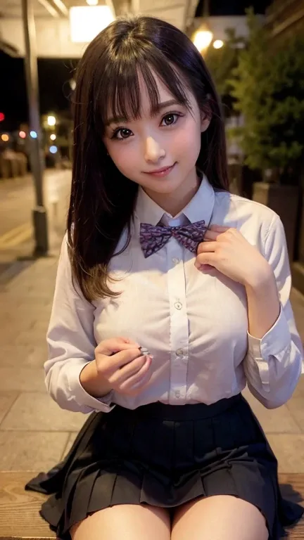 セミテリオのnight明けにいる女性がいます, (8k, RAW Photos, Highest quality, masterpiece: 1.2), (Realistic, photo-Realistic: 1.37), Very detailed, 1 girl, beautiful, alone, beautiful detailed sky, night, Sitting, Date, (My nose turned red), (smile: 1.1), Medium chest, beauti...