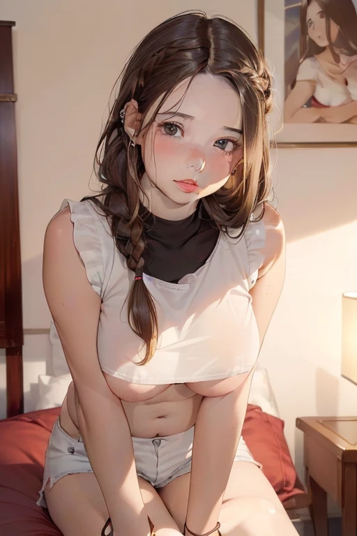 (masterpiece, best quality, cinematic, photorealistic, ultra-detailed), 1girl, (red lips, puffy lips, thick lips, slightly parted lips:1.2) (wide shot, from the front:1.5), (brunette hair, bubble braids hairstyle, with caramel highlights:1.3), wide hips, t...