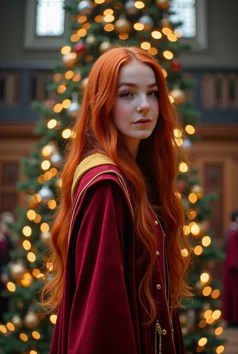 A perfect 1 girl beautiful and very attractive ,face perfect ,perfect body long red hair white skin wearing Hogwarts Gryffindor uniform near huge Christmas tree in library, realisitic, full realisitic, full hd full 8k full realistic 8k full photo studio 