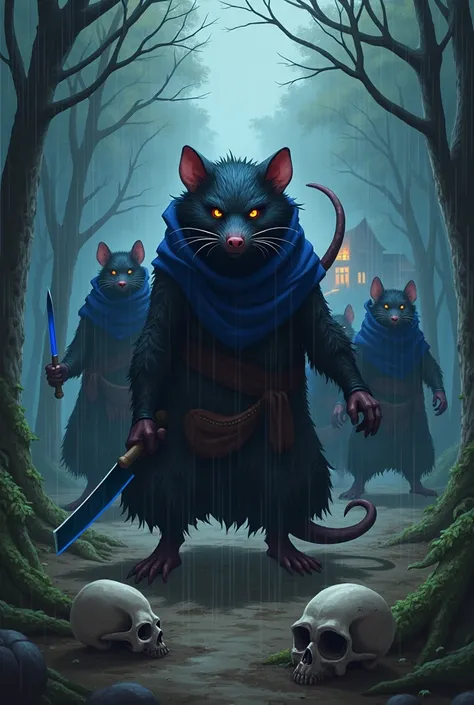 Black rat, アニメ, olho grande estilo アニメ, forest in the background, fog in the background, chuva fraca, machete with blue blade tip, black clothing, blue cloak, skulls on the floor, village in the background, brave face, village house on fire in the backgrou...