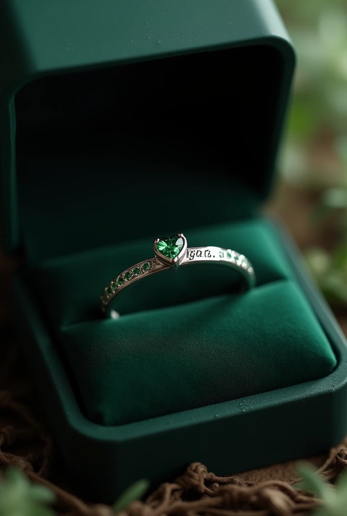 Elegant silver thin engagement ring with small green stones decorating and a remarkable engraving that says “Edgar x Ranpo”…. placed in a dark elegant box…focus on the ring with the engraving of the names and the small green heart 