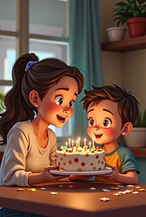 A woman giving a  boy a birthday cake