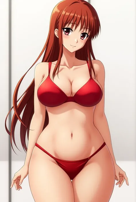 orihimeinoue, huge_breasts, standing, solo, Orihime, masterpiece, best quality, detailed face, detailed eyes, highres,outfit_1 bikini color red 