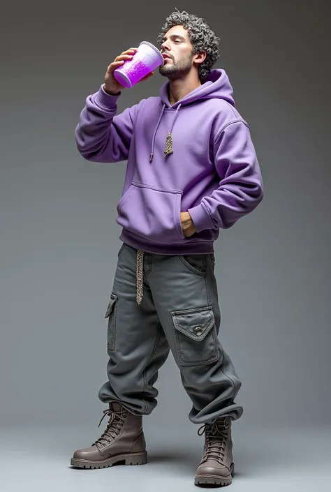 Realistic statue of the god Dionysus drinking neon purple liquid from a styrofoam cup, in modern gangstar rap clothes
