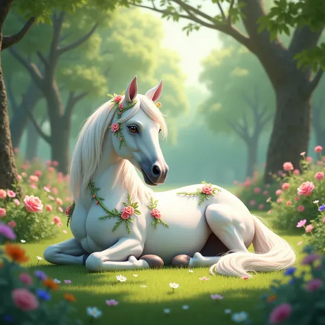 Create a picture in which there is a beautiful garden and in that garden there is a white horse lying on the grass, the horse is decorated.