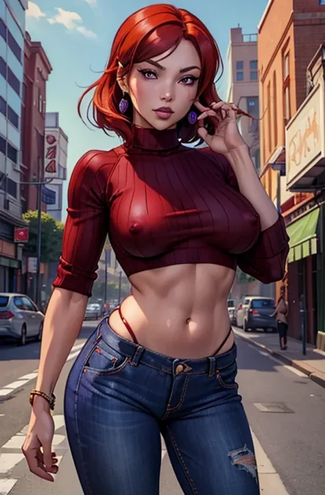 (Masterpiece, Best Quality, High Quality),(NSFW:1.3),Nishikino maki, Red hair, purple eyes, cowboy shot,low waisted pants, tight ,(sweater crop top), (sexy stomach), detailed belly, midriff, big breasts,looking at viewer,  earrings,in street