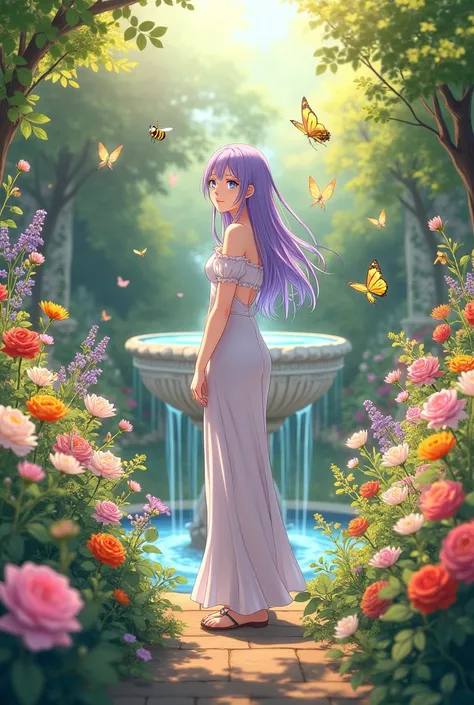 Anime violet In the garden More flowers Add butterflies Add bees Fountain