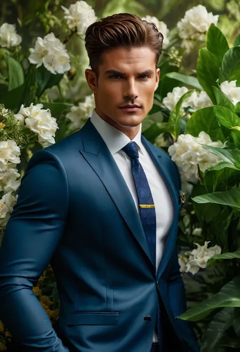 (photorealistic:1.4, 8k, dslr, nikon d850, RAW, masterpiece:1.2, best quality) a photorealistic image featuring a handsome male model embodying the luxurious and earthy qualities of Taurus. Set against a backdrop of lush greenery and blooming flowers, the ...