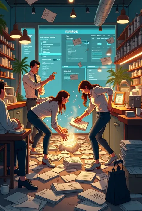 A chaotic scene in a coffee shop where staff struggle with managing paperwork, Late payments and confused suppliers. In the background, Piles of unpaid invoices and stressed employees highlight the problem of late payments to suppliers. In addition to this...