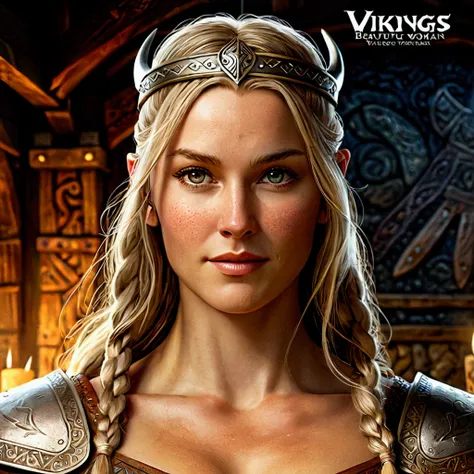 An illustrated poster for the film, beautiful warrior woman, vikings series style, looking ahead at viewer, small smiling, work of art, soft lighting, high qualiy, fully body, detailed hands, five toes, shapely thighs, meticulously detailed, skin detailed,...