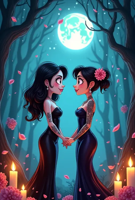 Cartoon vampire woman marrying tattooed brunette 
