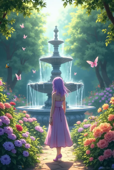 Anime violet In the garden More flowers Add butterflies Add bees The most beautiful fountain 