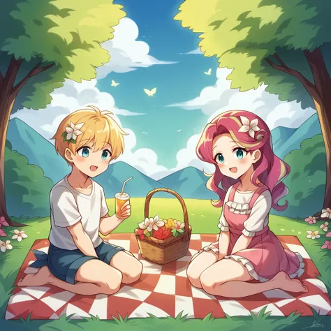 A vibrant manga-style illustration of a family enjoying a picnic on a brilliantly sunny day. The scene should capture the essence of perfect weather with a clear, azure sky, a radiant sun casting warm, golden light across the meadow, and a gentle, refreshi...