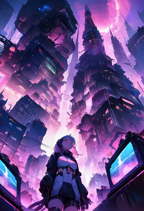 masterpiece,high resolution,sf,Macross F,monitor,Tower,City,future,congestion,Dazzling,look up,cyber punk,street vision