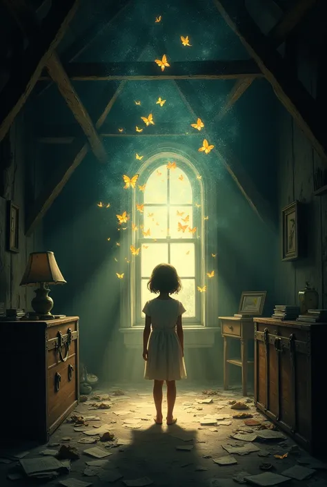 Draw a gloomy attic, But from the heart of the young girl come little lights or butterflies that illuminate everything around her.. It is a symbolic representation of how his spirit and writings illuminate his dark surroundings..