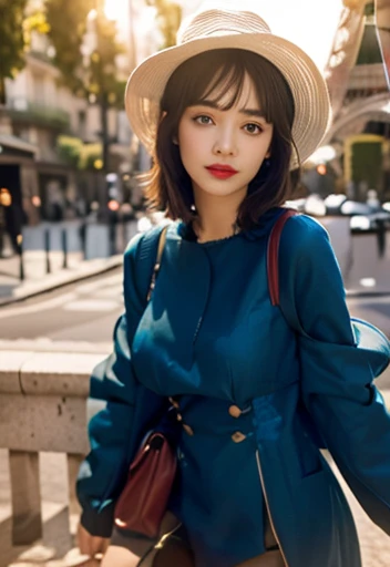 Paris:1.3, Arc de Triomphe:1.2, hat, medium bob, Tosca blue jacket