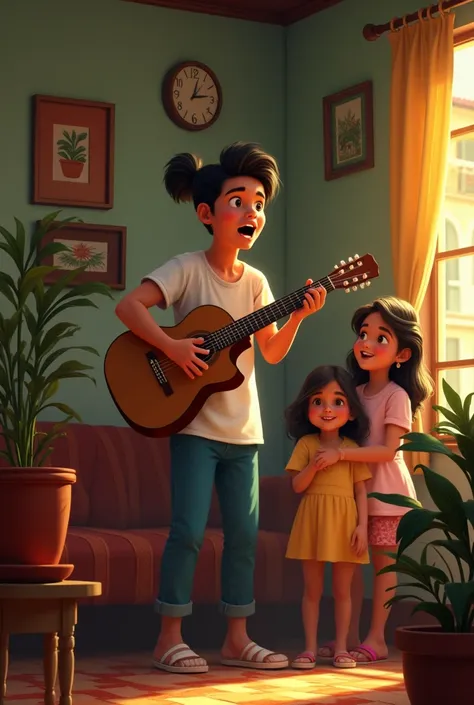 Young man with mixed skin ,with a bun and short hair on the sides, brown eyes in his corner of the house, Singing with passion while his mother and daughter watch him lovingly. The room may have details characteristic of Havana, like warm colors and tradit...