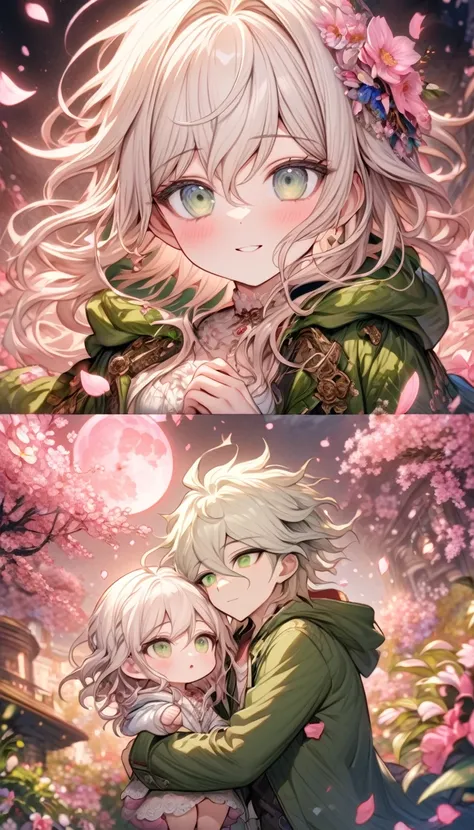 Ultra detailed, highres, absurdres, HDR, master piece, Aida chibi, ash blonde hair with bangs, medium length hair, expressive light green eyes, Danganronpa, white cardigan with black patterns, Komaeda Nagito chibi, white hair, expressive gray-green eyes, g...