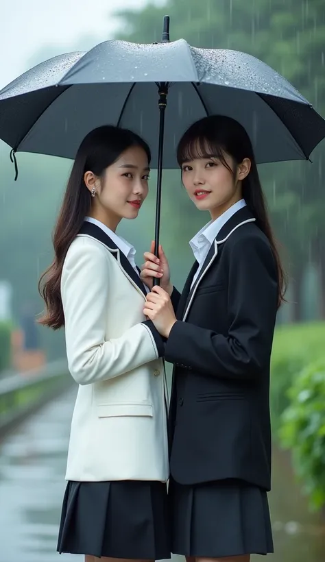 Two beautiful Korean women wearing school uniforms standing together in the rain for photoshoot. One is holding an umbrella and is noticeably taller at 59 shes wearing white uniform, while the other beside her is slightly shorter at 57 shes wearing black u...