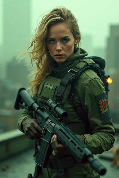 Jennifer Lawrence in special force suit, natural breast, high resolution, realistic art, fighting zombies, 1 mature female, 1 milf, solo, in roof top, green blood splatter, serious face, mouth closed ray tracing, perfect lighting, perfect detail,