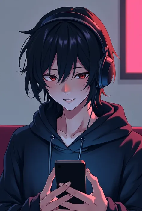 Create a male character with long hair down to his shoulders, a 2D anime character who is wearing headphones playing on his cell phone and black clothes with dark skin.