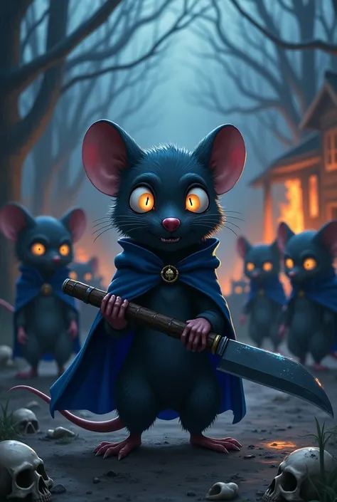 Black rat, アニメ, olho grande estilo アニメ, forest in the background, fog in the background, chuva fraca, machete with blue blade tip, black clothing, blue cloak, skulls on the floor, village in the background, brave face, village house on fire in the backgrou...