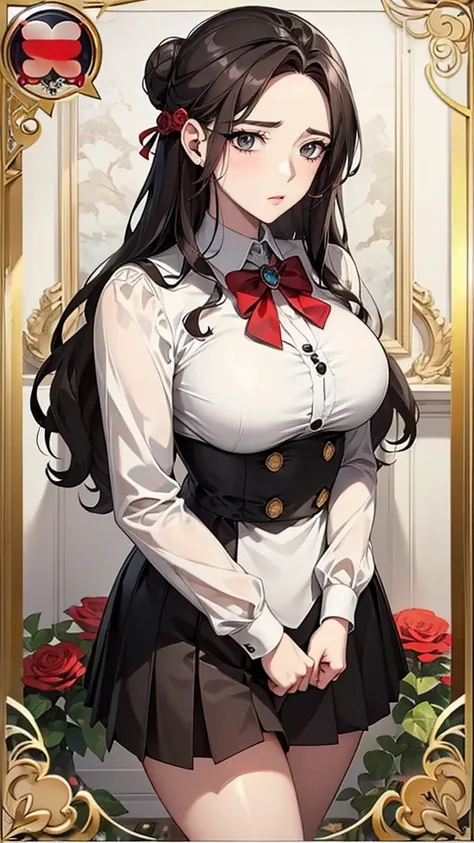 Brown black hair, black eyes, White skin, Oval face, Atmospheric facial features, High target, Confident and powerful, Firm and plump, High school girl, Uniforms, Curly hair, Hair Bun, With hairpin, Red rose, Blue Butterfly, White Rabbit, Card, Official qu...