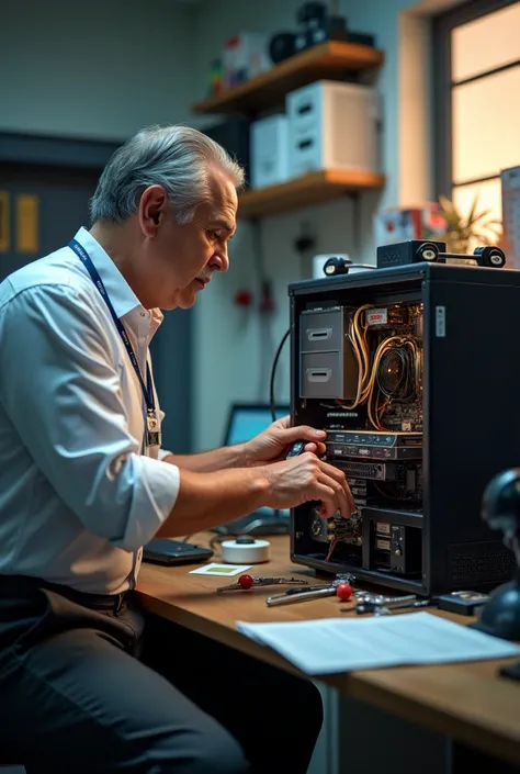 Create an image of a computer technician repairing a computer to put as your WhatsApp profile