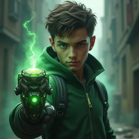 Teenage Ben 10 with the Omnitrix on his arm and a mysterious and realistic aura