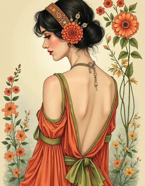 1girl,mucha art style,graphic illustration style,headwear,jewelry,pearls and jewels,d background,longuette,(womans) dress,backless dress, (highest quality、High resolution、masterpiece)、(Sargent style watercolor)、 (Alphonse Mucha)、(Ukiyo-e)、painterly、(vintag...