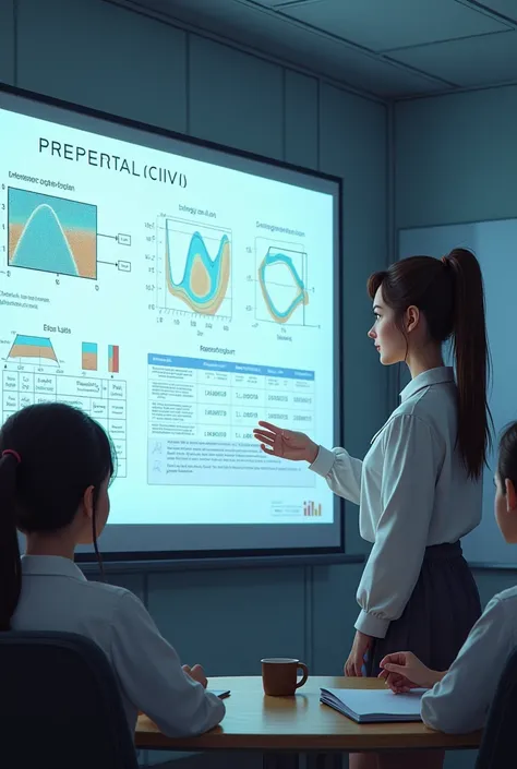 Armed with their findings, anahí, Jeremiah and Nayomi present their project to the educational community. Through graphics, equations and models that also show Professor Juliana with dark brown hair with a ponytail up and long hair wearing a white long-sle...