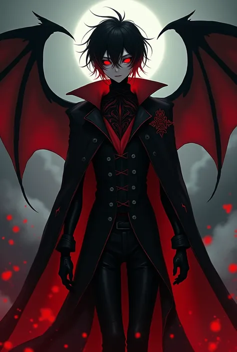 Dark emo man with red eyes, with black hair with red tips, without head, with red and black clothes and a bat wing, exuding a bloody aura through his body