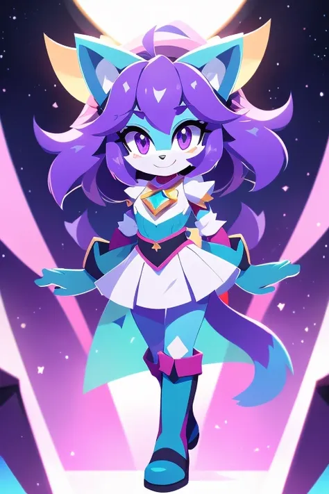 complete body, face perfect, cabelo roxo, star guardian, purple and cyan eyes, bright purple eyes, long eyelashes, cyan blue fur...