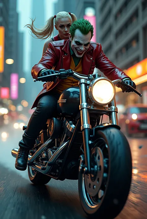 Joker with Harley Quinn on the back of the motorcycle 