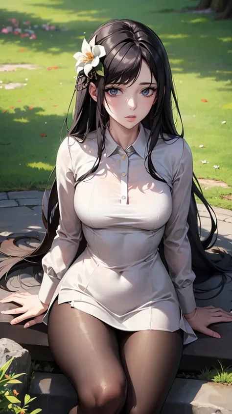 anime girl, realistic shadows, delicate skin, the breasts are very small, black hair, very detailed, 8k highly detailed face, pe...