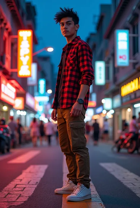 
A man wearing street clothes and sneakers, posing at the crossing in Yaowarat, Bangkok at night. He has spiky hair and black eyes.. He smiled and looked at the camera.. City lights reflect off her shoes as she stands to pose for an Instagram photo.. Red p...