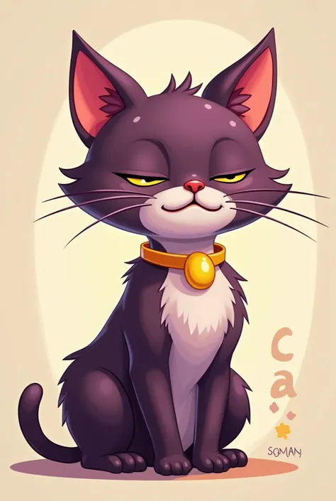 Genera una de una gato macho de color morado con color morado claro también y con un collar de media luna🌙 de color marillo brillante en el pecho al estilo de dibujo de los smiling critters como de catnap uno de los personsjes de los Smillig critters pero ...