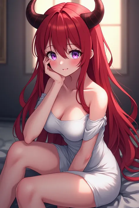 ((full hd quality)) anime,1 girl, Red haired female character, horns on his head similar to Surtr from Arknights, violet eyes, a slight smile, with a sexy body and a white dress, sitting while placing her hand on her cheek 