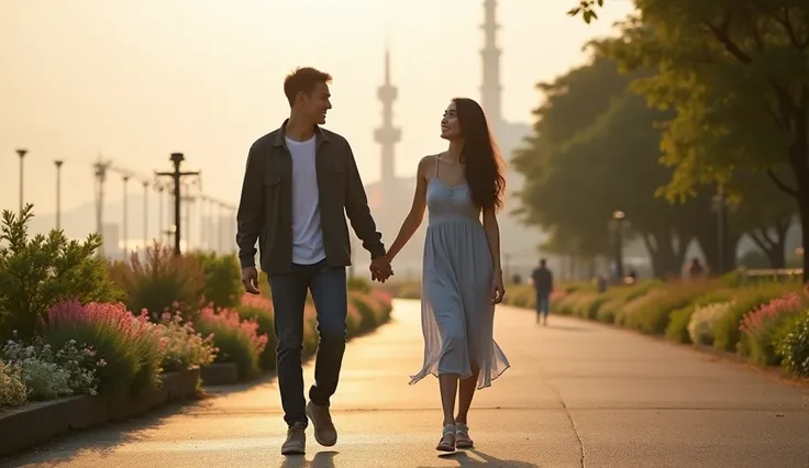 Pose 1: Hand in hand walk explanation: The couple walk hand in hand along the promenade at Yamashita Park. The woman is leaning slightly towards the man, And they&#39;re both kind, Warm smile. They are looking ahead, backgroundには横浜港の景色を楽しんでいる. The figure o...